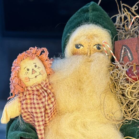 Primitive Folk Art Vintage Cloth Face Santa w Doll Christmas Tabletop Decor 11” - Picture 12 of 14